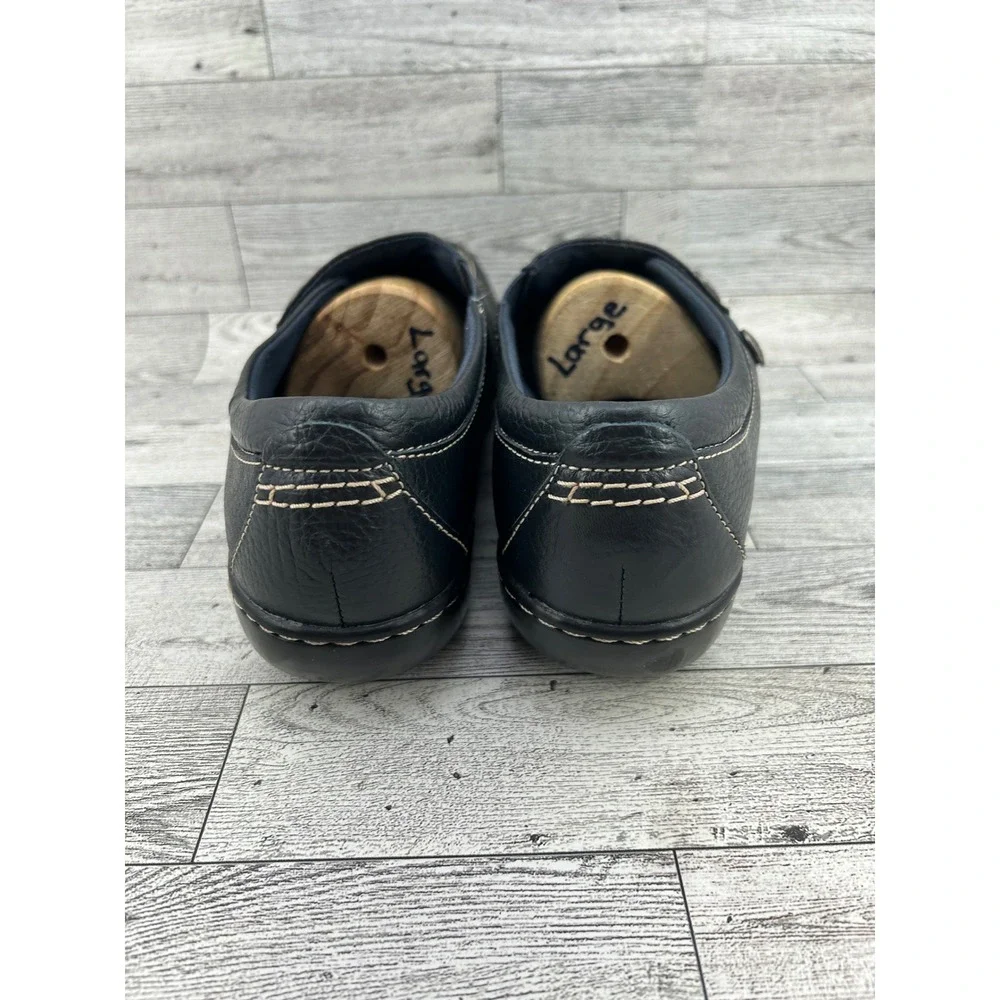 Clarks Collection Navy Leather Slip On Loafers Women 10W Ultimate Comfort Button